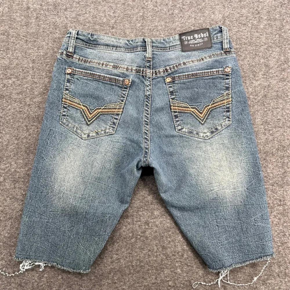 True Rebel 808 Slim Fit Denim Shorts Blue Distressed Cut Off 900 Series 34W
